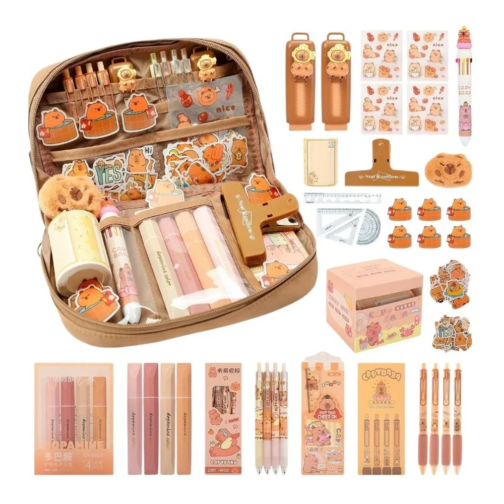 Capybara Stationery Set w/ Large Capacity Pencil Case Stickers Pens Highlighters